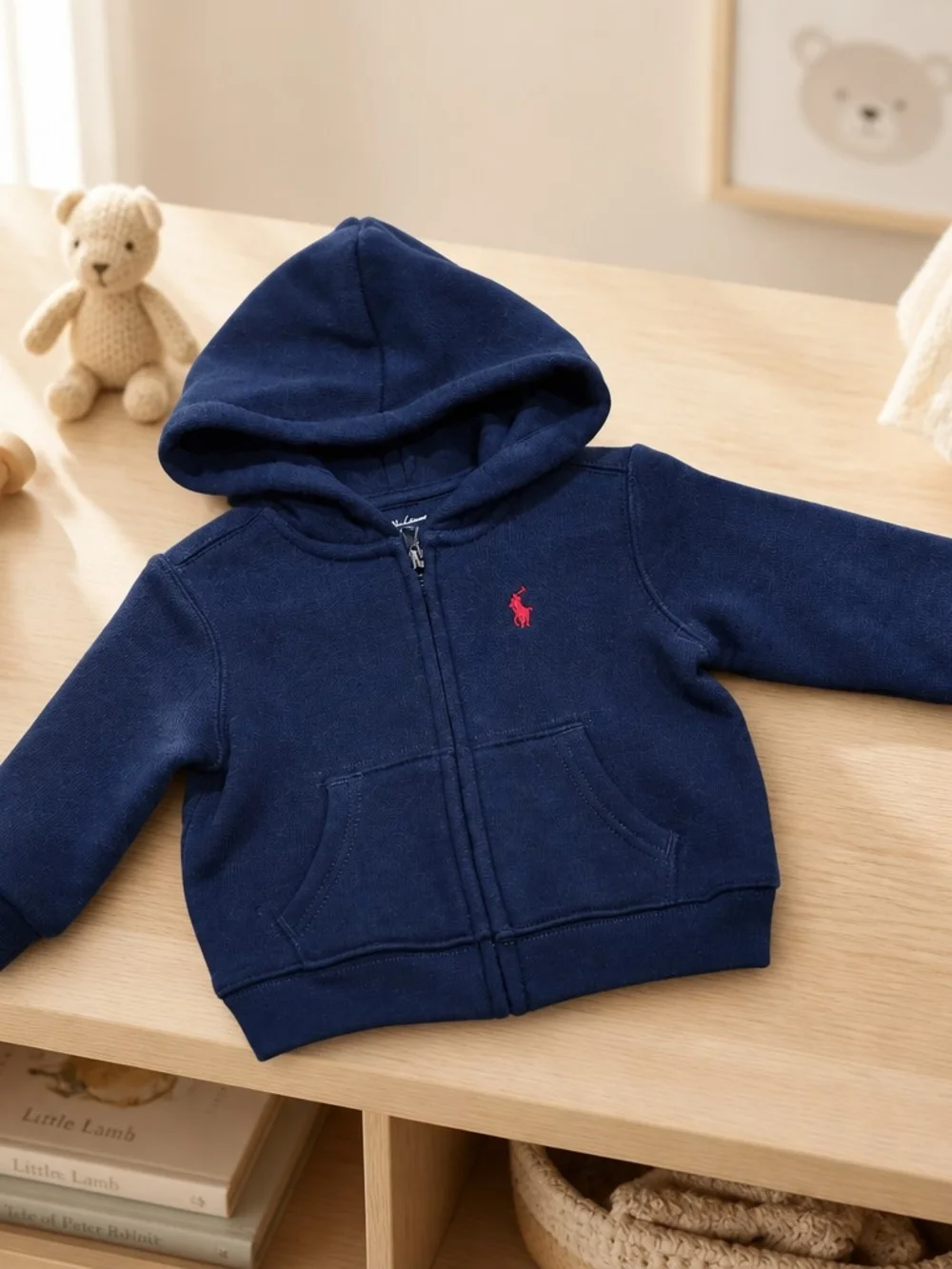 Ralph Lauren Navy Blue Kids Hooded Zip Sweatshirt with Red Pony